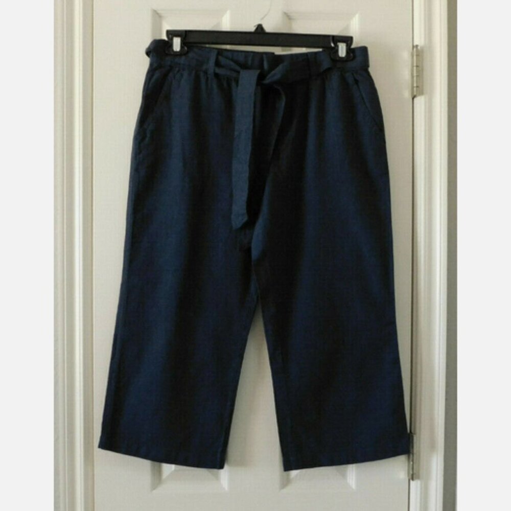 LIZ CLAIBORNE Classic Belted Crop Capri Pant Blue Linen Blend Straight Leg Small